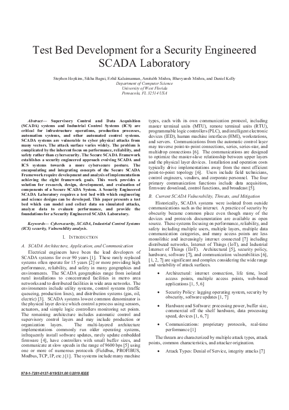 (PDF) Test Bed Development for a Security Engineered SCADA Laboratory