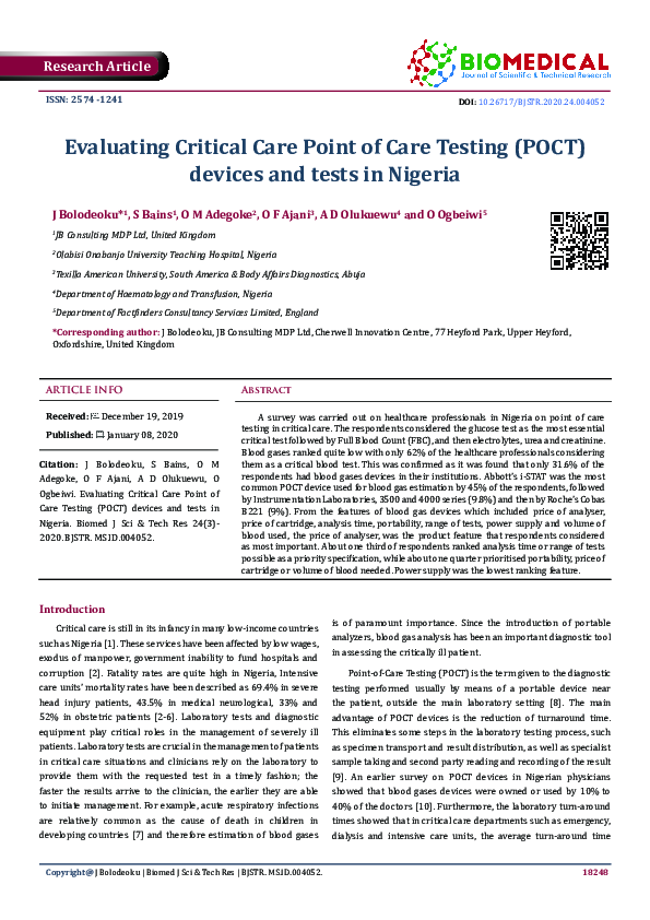 (PDF) Evaluating Critical Care Point of Care Testing (POCT) devices and ...