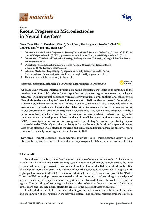 (PDF) Recent Progress on Microelectrodes in Neural Interfaces