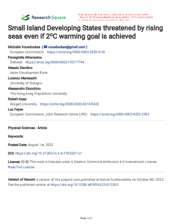 (PDF) Small Island Developing States threatened by rising seas even if ...
