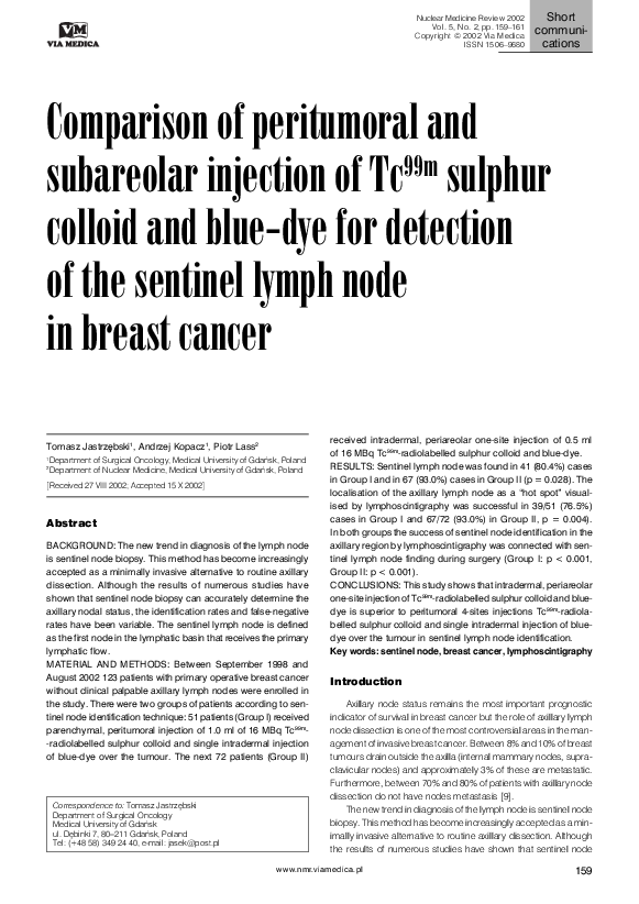 (PDF) Comparison of peritumoral and subareolar injection of Tc99m ...