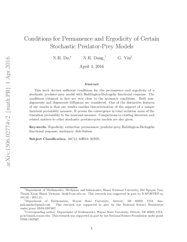 (PDF) Conditions for Permanence and Ergodicity of Certain Stochastic ...