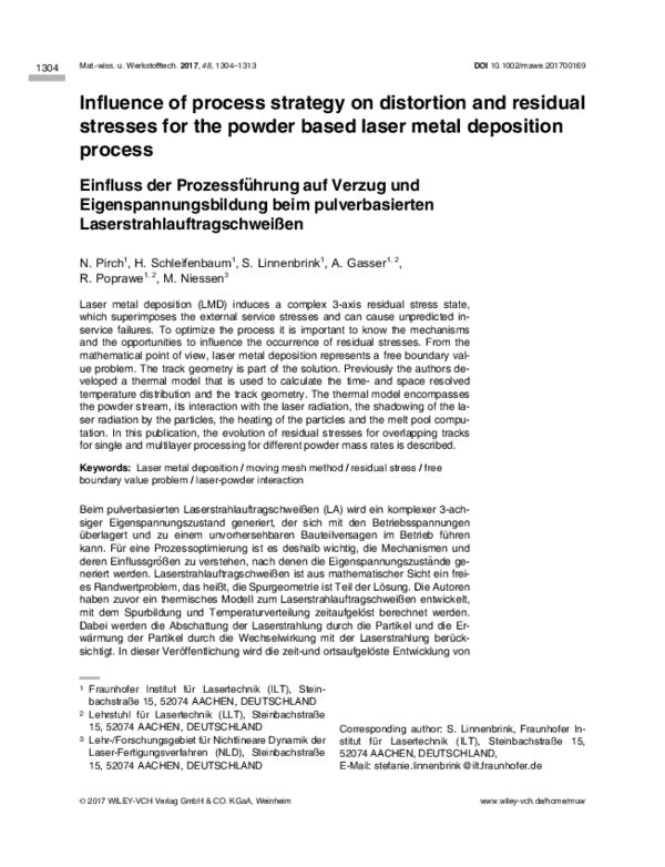 (PDF) Influence of process strategy on distortion and residual stresses ...