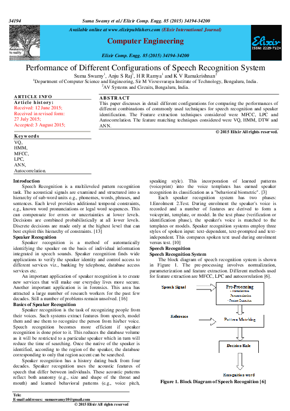 (PDF) Performance of Different Configurations of Speech Recognition System