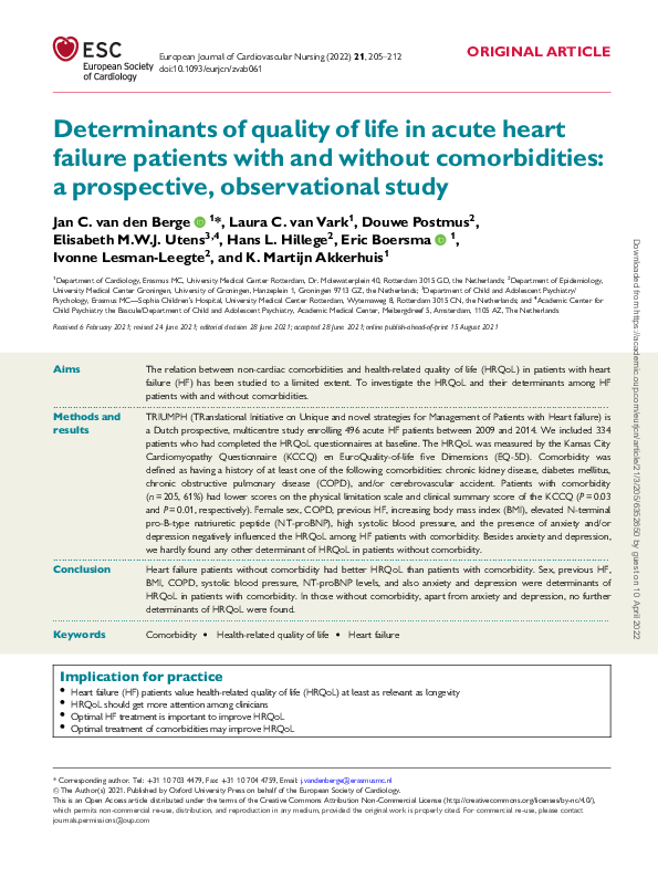 (PDF) Determinants of quality of life in acute heart failure patients ...