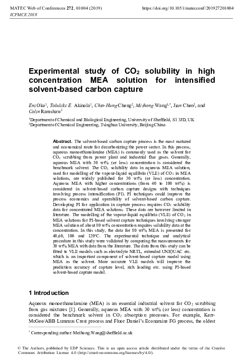 (PDF) Experimental study of CO2 solubility in high concentration MEA ...