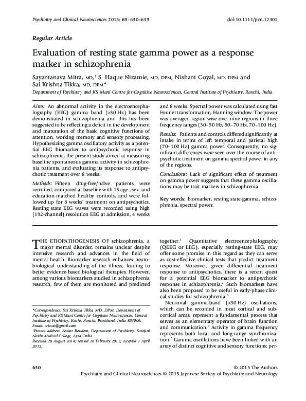 (PDF) Evaluation of resting state gamma power as a response marker in ...