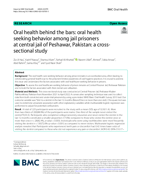 (PDF) Oral health behind the bars: oral health seeking behavior among ...
