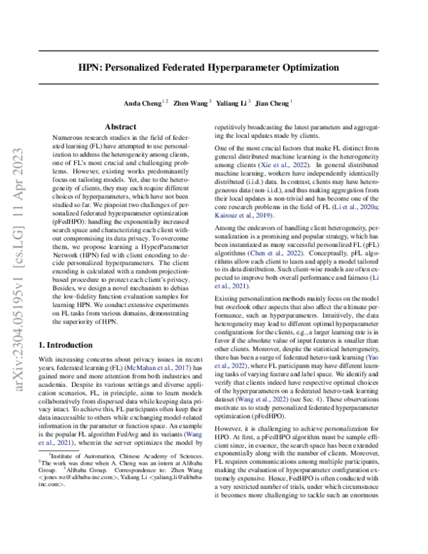 (PDF) HPN: Personalized Federated Hyperparameter Optimization