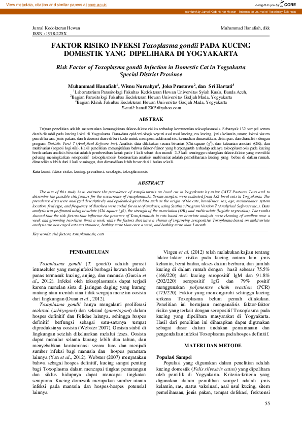 (PDF) FAKTOR RISIKO INFEKSI Toxoplasma gondii PADA KUCING DOMESTIK YANG ...