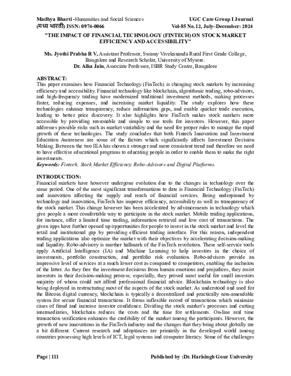 (PDF) THE IMPACT OF FINANCIAL TECHNOLOGY (FINTECH) ON STOCK MARKET