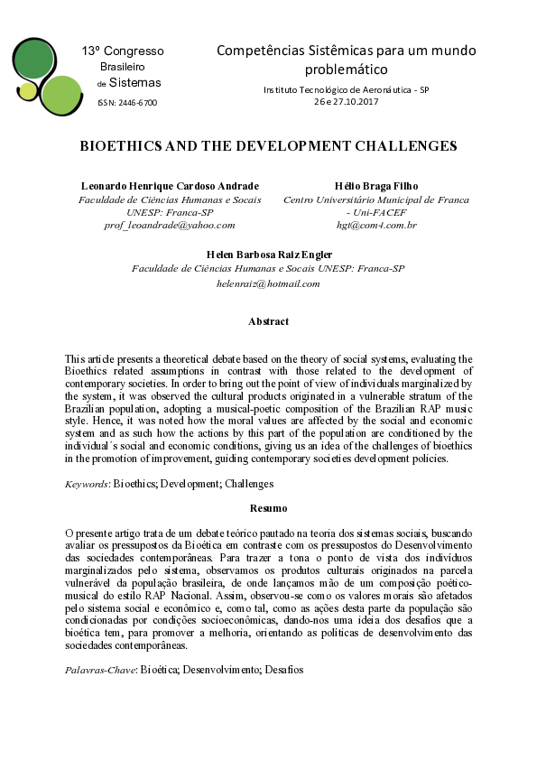 (PDF) Bioethics and the Development Challenges