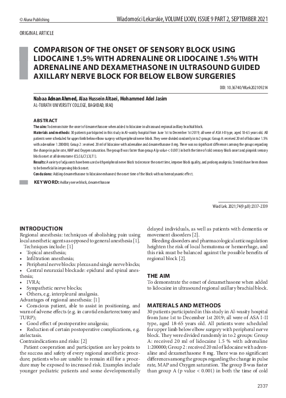 (PDF) Comparison of the Onset of Sensory Block Using Lidocaine 1.5% ...