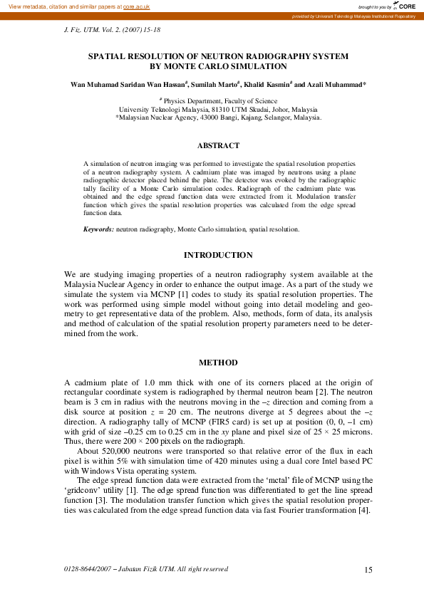 (PDF) Spatial resolution of neutron radiography system by Nomte Carlo ...