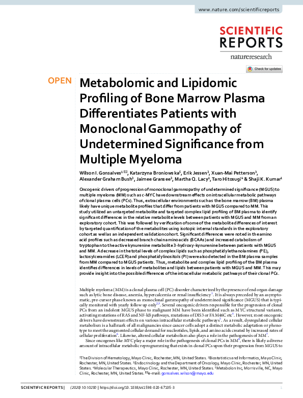 (PDF) Metabolomic and Lipidomic Profiling of Bone Marrow Plasma ...