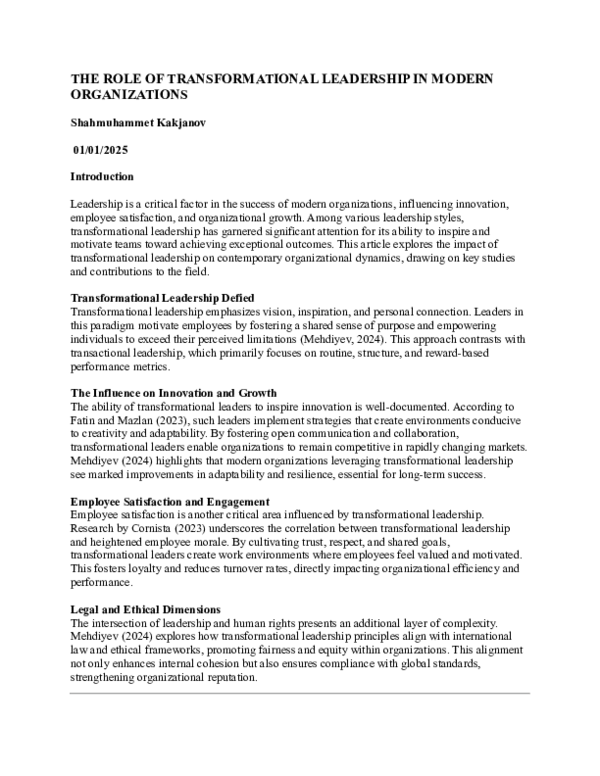 (PDF) THE ROLE OF TRANSFORMATIONAL LEADERSHIP IN MODERN ORGANIZATIONS