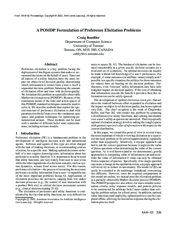 (PDF) A POMDP formulation of preference elicitation problems