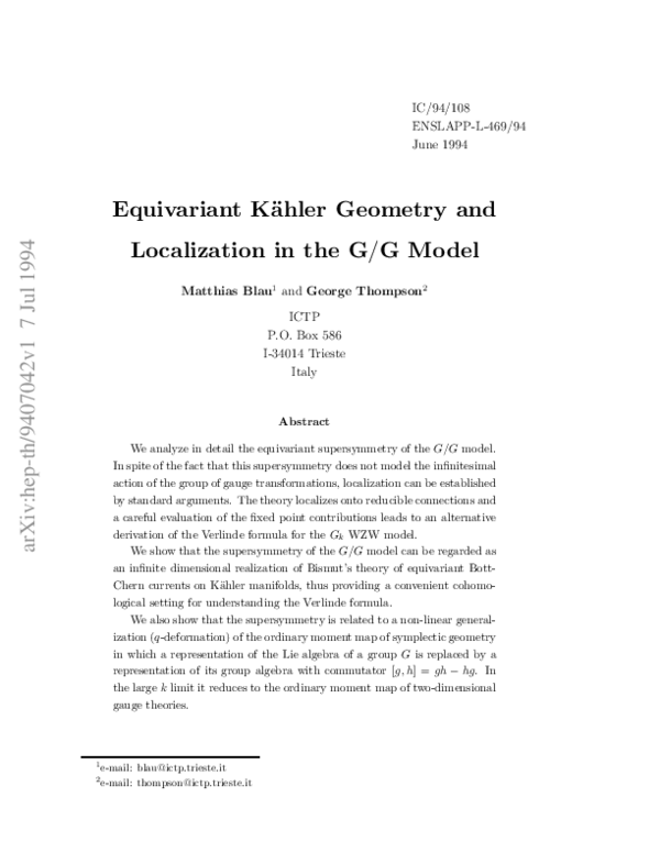 (PDF) Equivariant Kähler geometry and localization in the G/G model