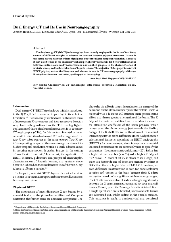 (PDF) Dual Energy CT and Its Use in Neuroangiography