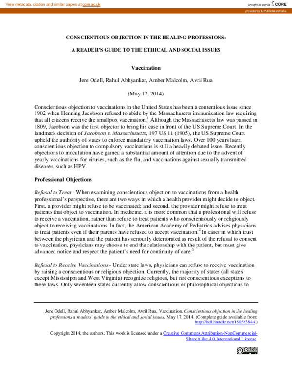 (PDF) Vaccination: conscientious objection in the healing professions