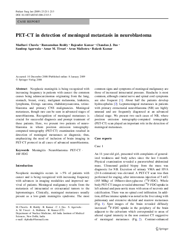 (PDF) PET-CT in detection of meningeal metastasis in neuroblastoma