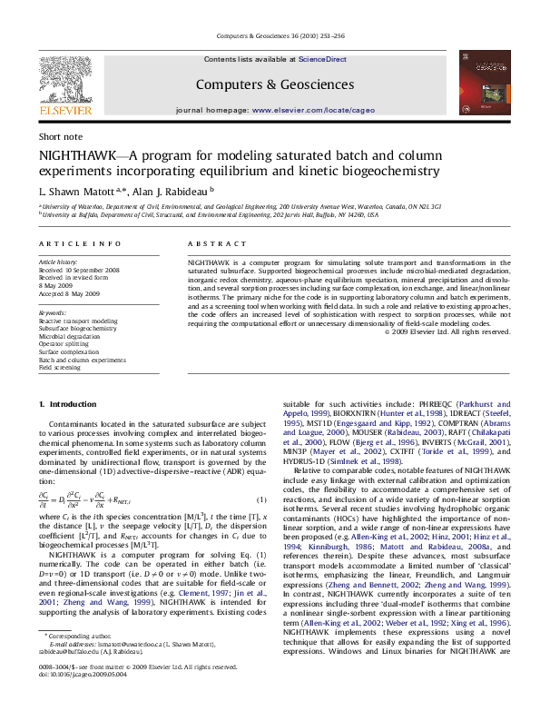 (PDF) NIGHTHAWK—A program for modeling saturated batch and column ...