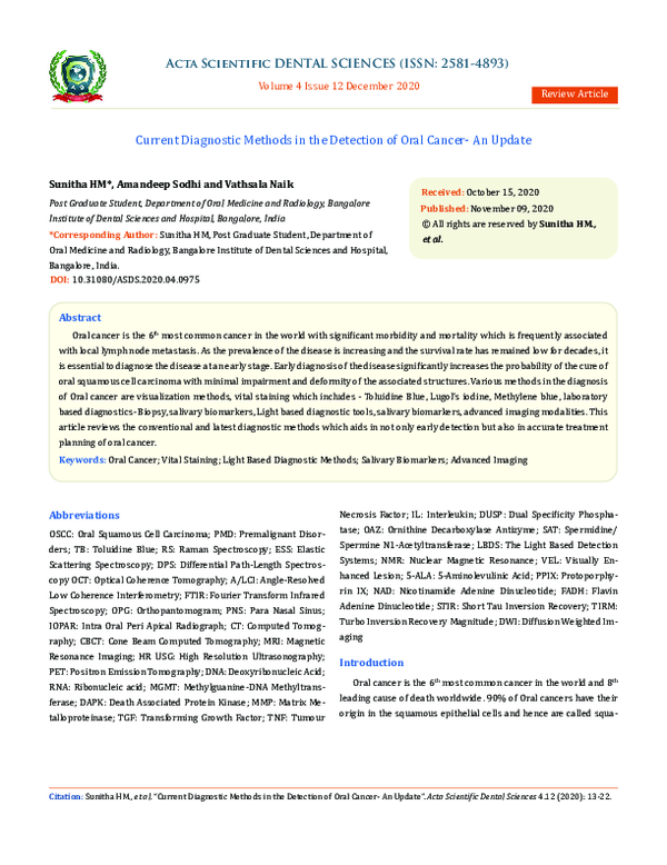 (PDF) Current Diagnostic Methods in the Detection of Oral Cancer- An Update
