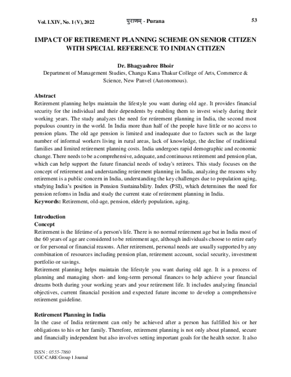 (PDF) IMPACT OF RETIREMENT PLANNING SCHEME ON SENIOR CITIZEN WITH ...