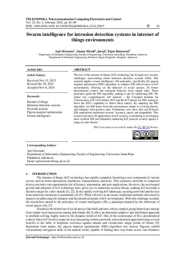 (PDF) Swarm intelligence for intrusion detection systems in internet of ...