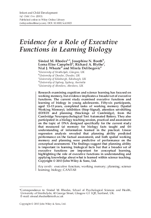 (PDF) Evidence for a Role of Executive Functions in Learning Biology
