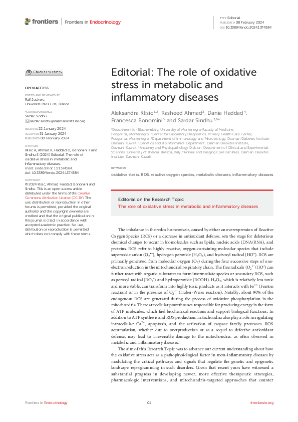 (PDF) Editorial: The role of oxidative stress in metabolic and ...