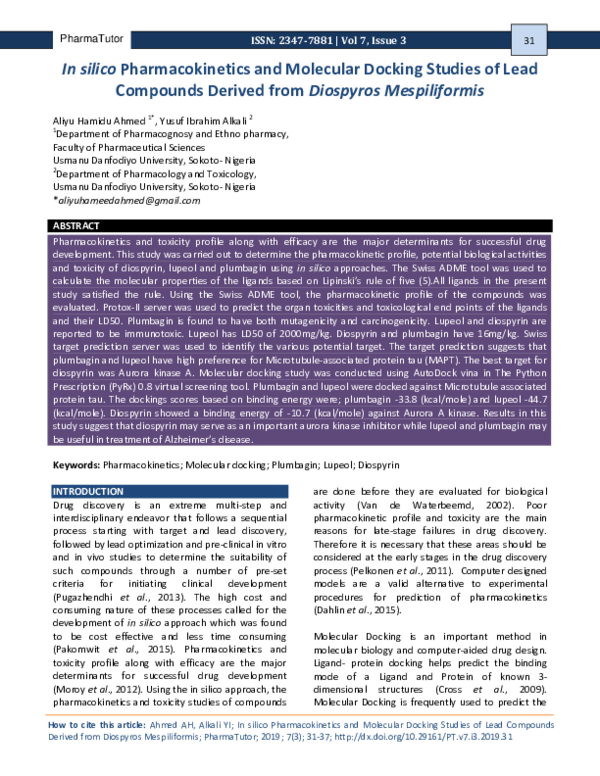 (PDF) In silico Pharmacokinetics and Molecular Docking Studies of Lead ...