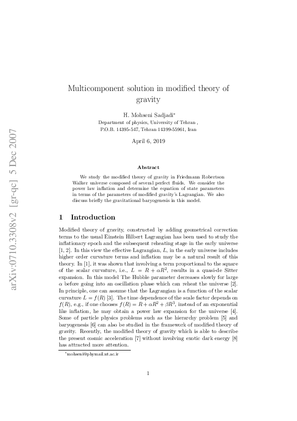 (PDF) Multicomponent solution in modified theory of gravity