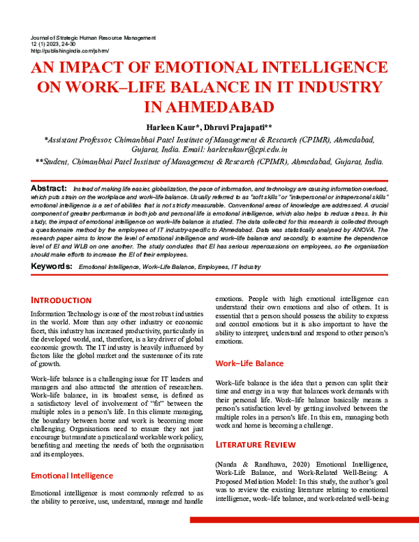 (PDF) An Impact of Emotional Intelligence on Work-Life Balance in IT ...