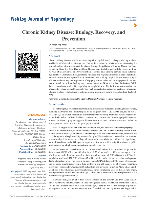 (PDF) Chronic Kidney Disease: Etiology, Recovery, and Prevention
