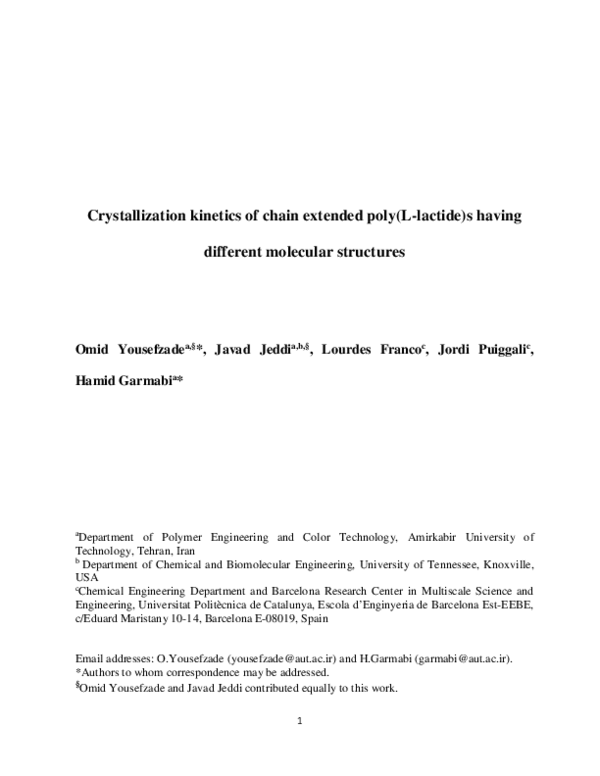 (PDF) Crystallization kinetics of chain extended poly(L-lactide)s ...