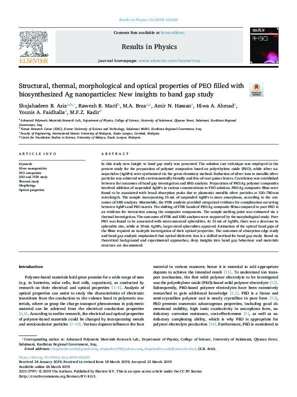 (PDF) Structural, thermal, morphological and optical properties of PEO ...