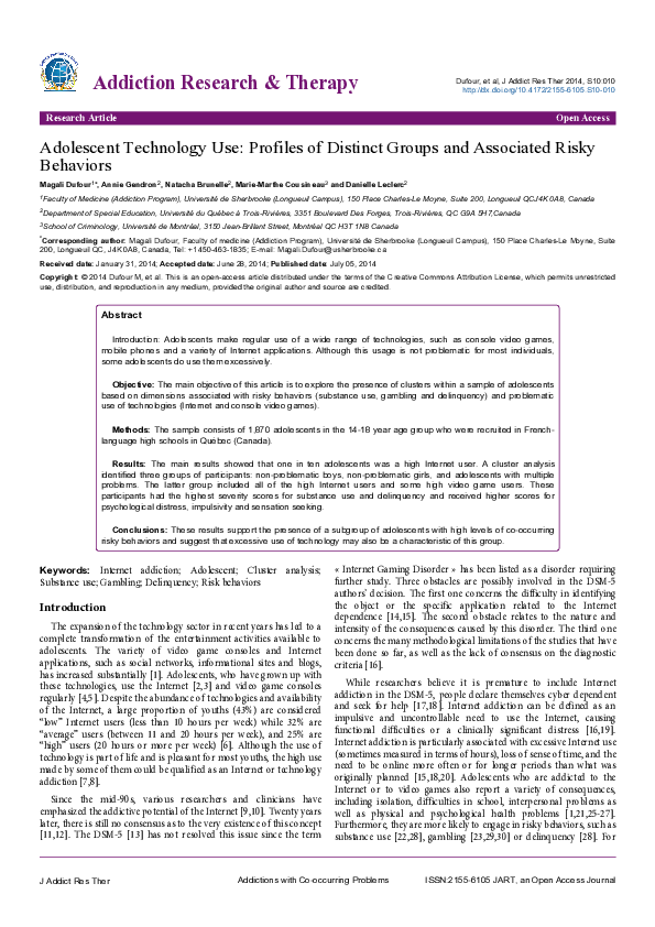 (PDF) Adolescent Technology Use: Profiles of Distinct Groups and ...