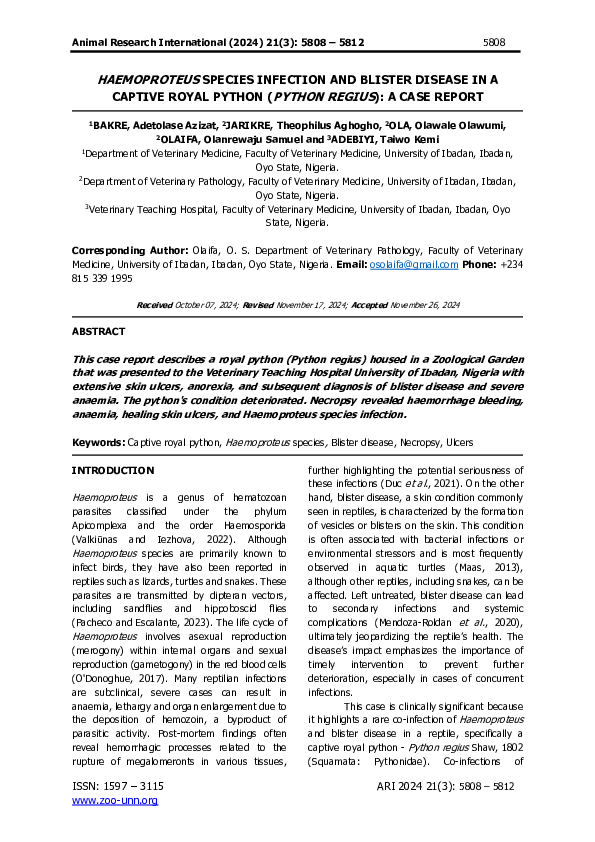 (PDF) HAEMOPROTEUS SPECIES INFECTION AND BLISTER DISEASE IN A CAPTIVE ...