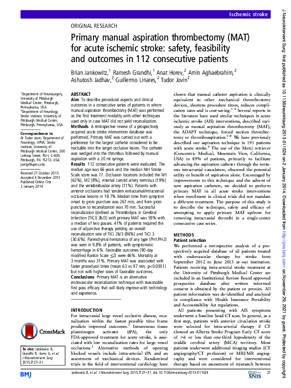 (PDF) Primary manual aspiration thrombectomy (MAT) for acute ischemic ...