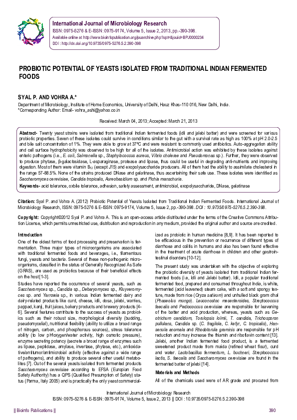 (PDF) Probiotic Potential of Yeasts Isolated from Traditional Indian ...