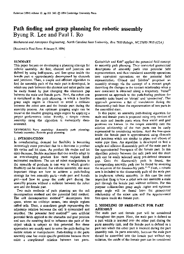 (PDF) Path finding and grasp planning for robotic assembly