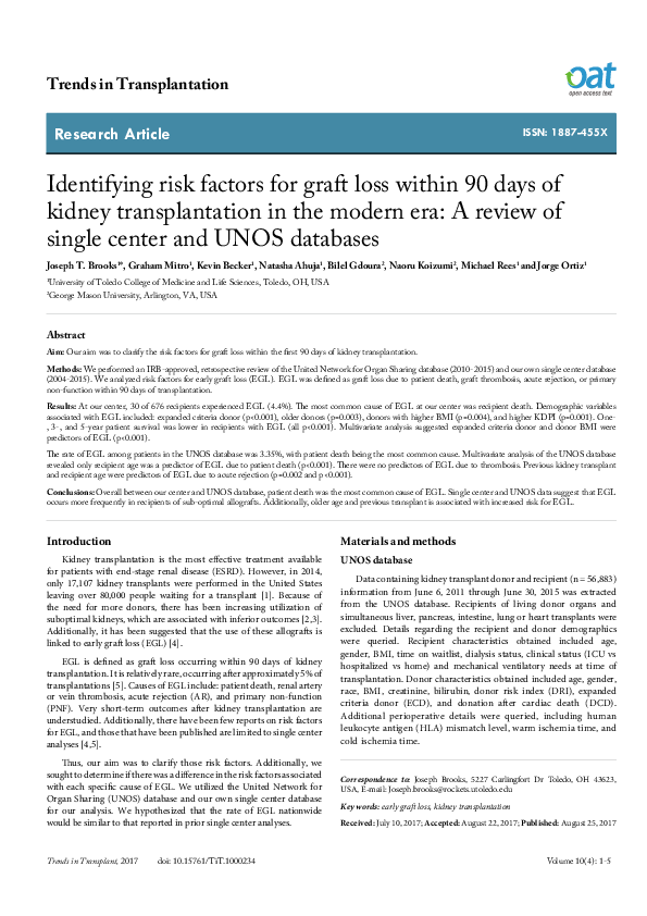 (PDF) Identifying risk factors for graft loss within 90 days of kidney ...