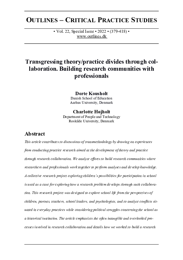 (PDF) Transgressing theory/practice divides through collaboration