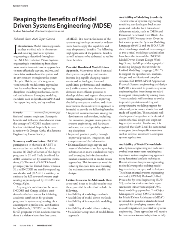 (PDF) Reaping the Benefits of Model Driven SE (MDSE)