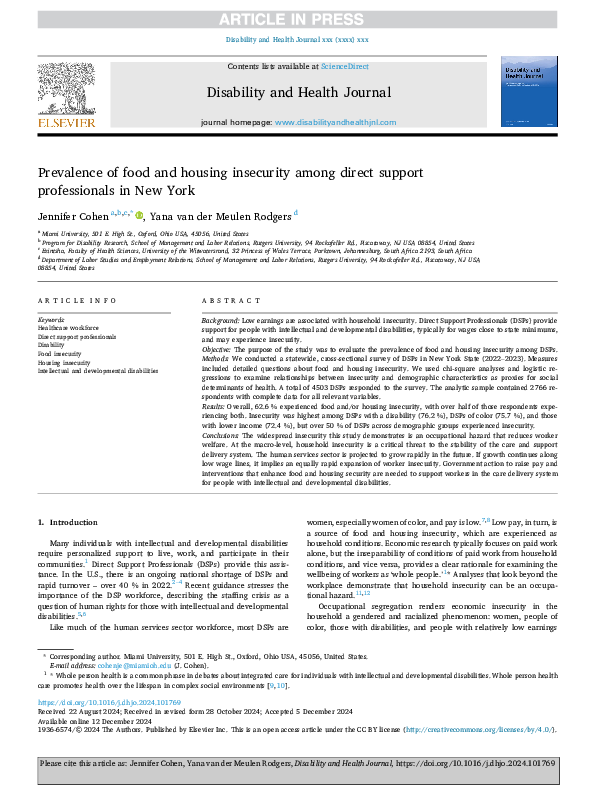 (PDF) Prevalence of Food and Housing Insecurity among Direct Support ...