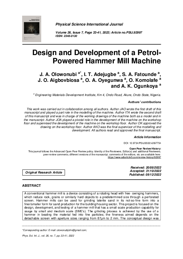 (PDF) Design and Development of a Petrol-Powered Hammer Mill Machine