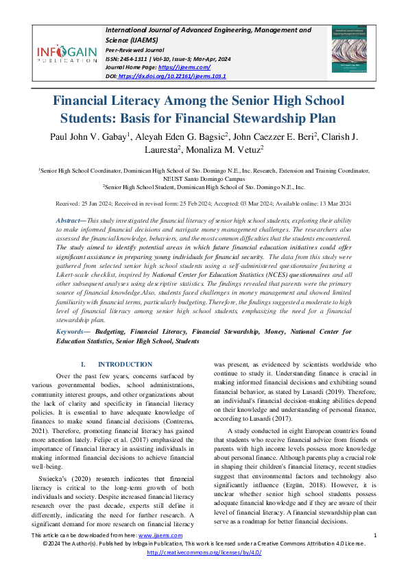 (PDF) Financial Literacy Among the Senior High School Students: Basis ...
