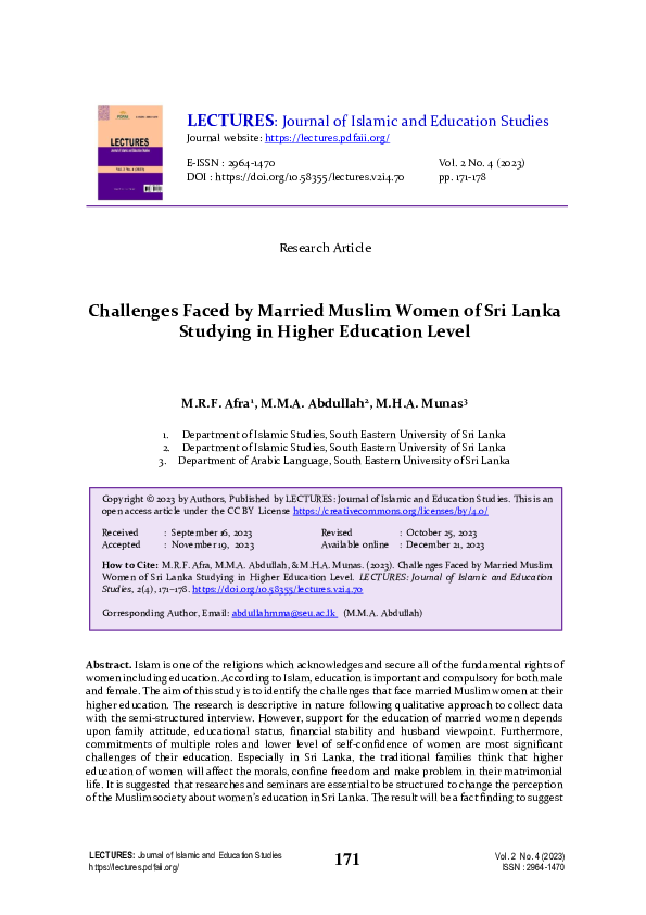 (PDF) Challenges Faced by Married Muslim Women of Sri Lanka Studying in ...