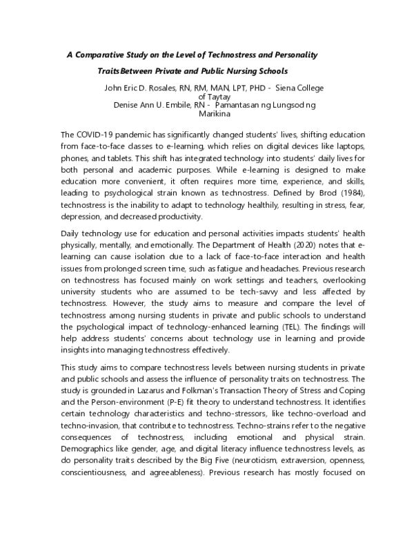 (PDF) A Comparative Study on the Level of Technostress and Personality ...